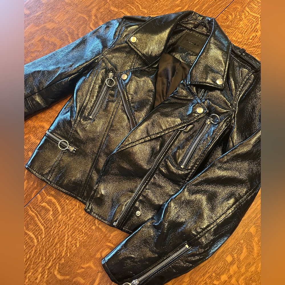 Blank NYC Shiny Leather Jacket with Silver zipper